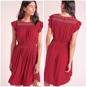 DOLAN by Anthropologie Tansy Smocked Wine Red ruffle sleeve dress with pockets